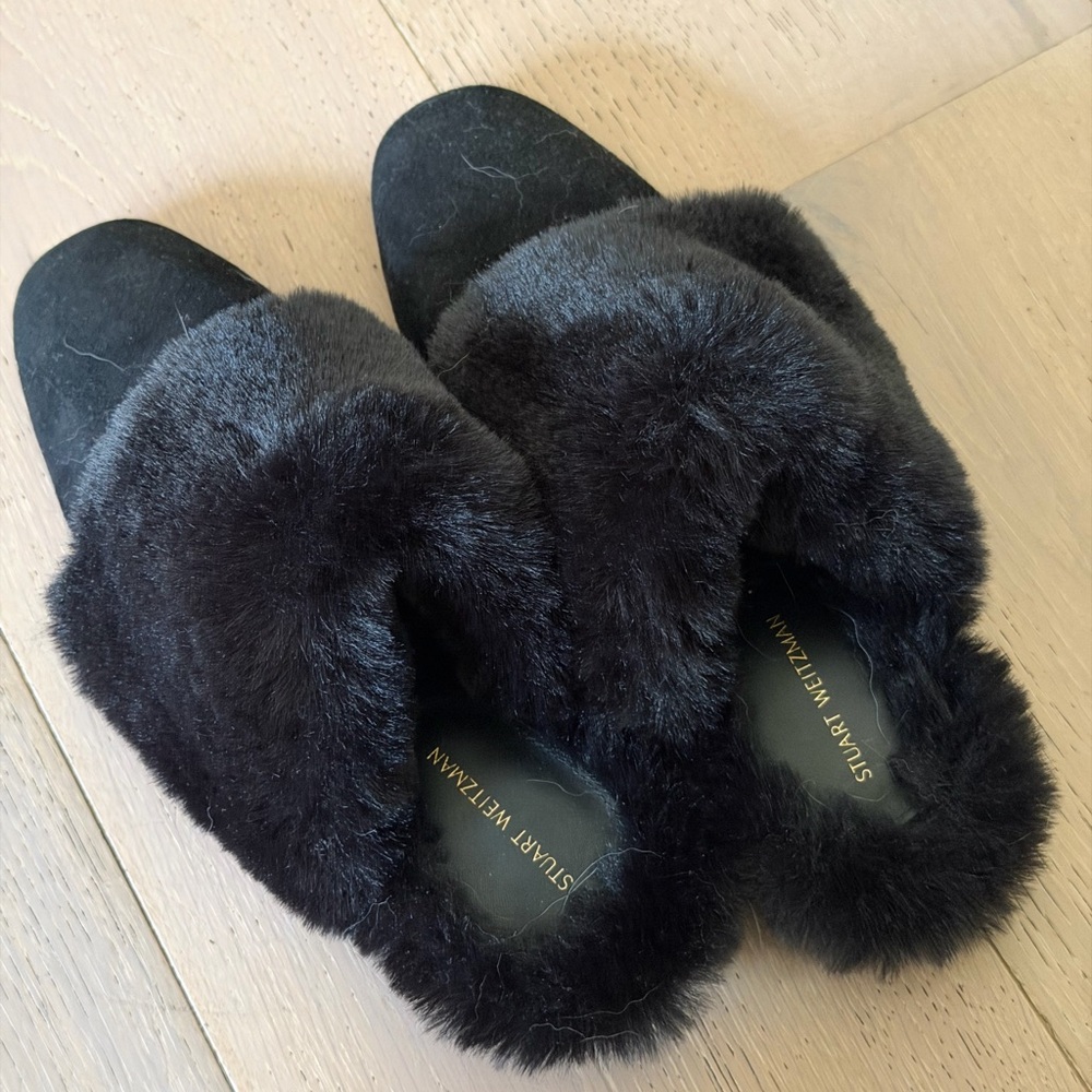 Stuart Weitzman Black Fur Slippers